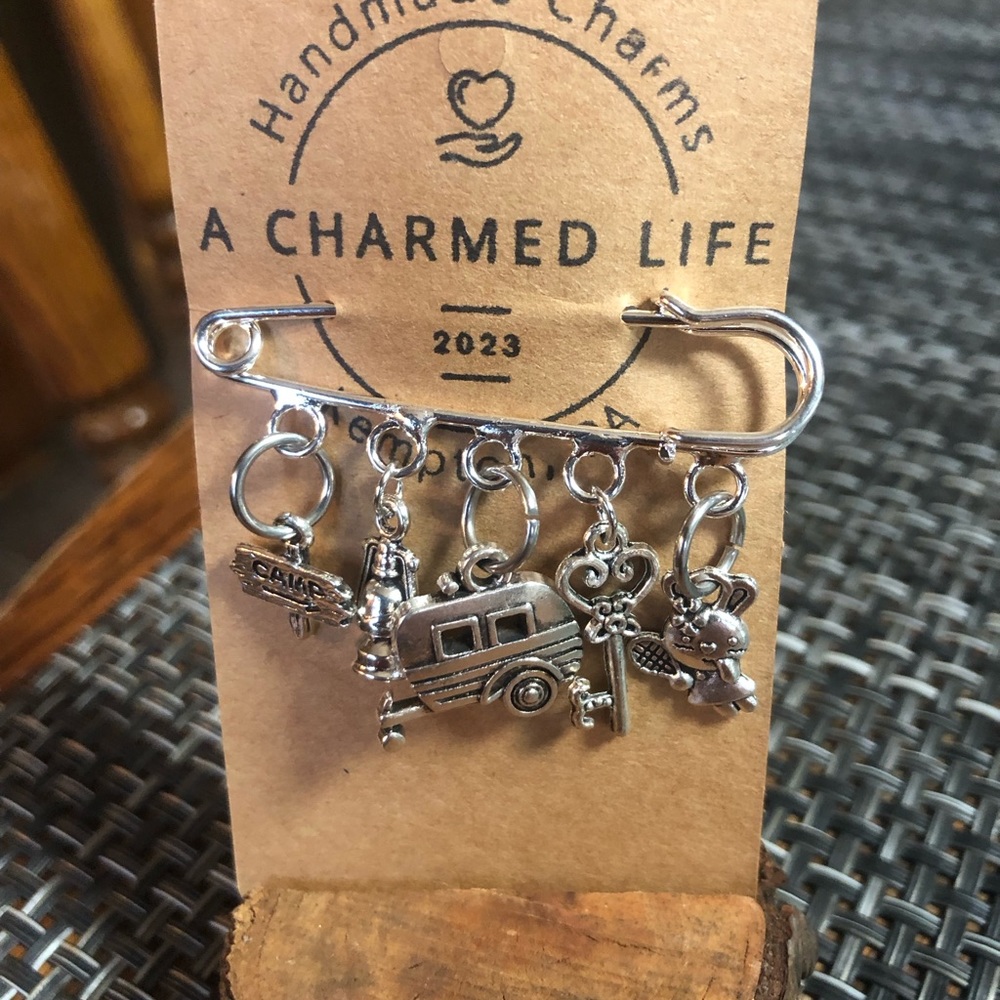 NWT, Handmade by A Charmed Life. Silver 2” Pin with Camping Charms